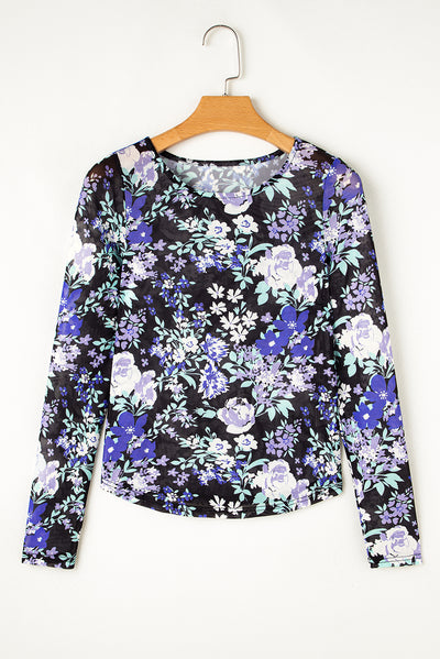 Orchid Petal Floral Print Mesh Fitted Long Sleeve Top