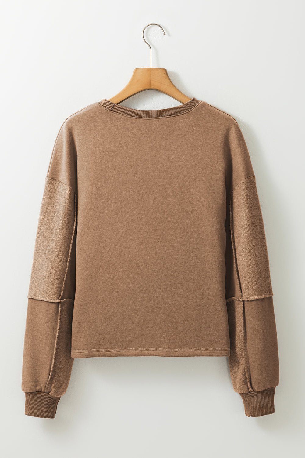 Coffee Solid Exposed Seam Pullover Sweatshirt