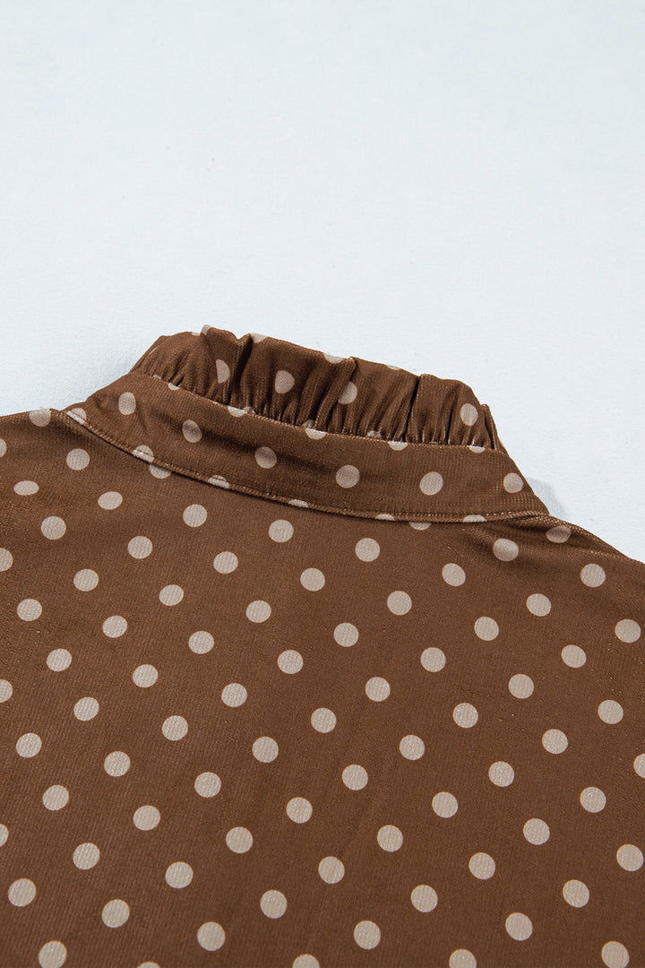 Brown Polka Dot V Neck Long Sleeve Button Shift Dress