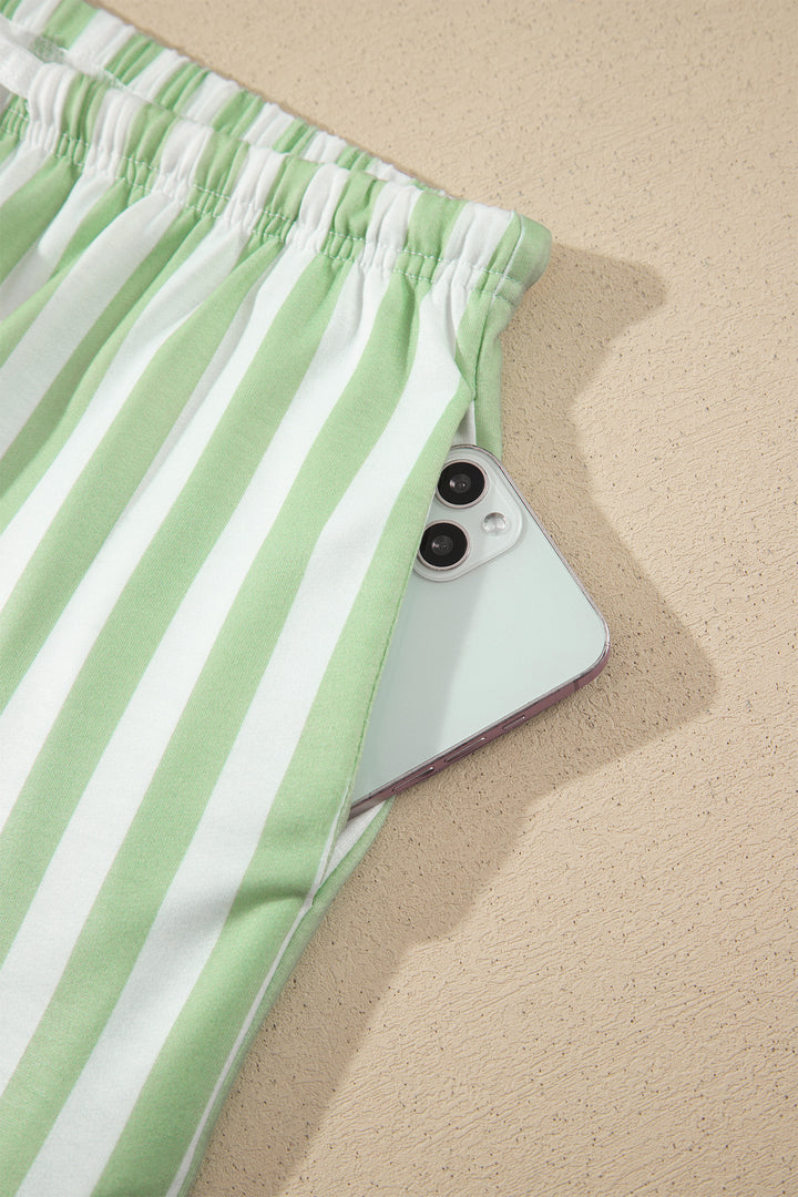 Smoke Green Striped Color Block Pullover Top Drawstring Shorts Set