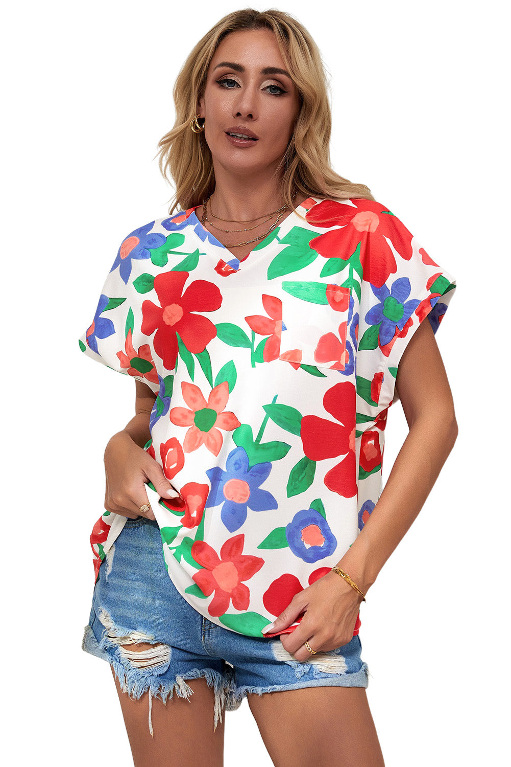 Flower Print Chest Pocket V Neck Blouse