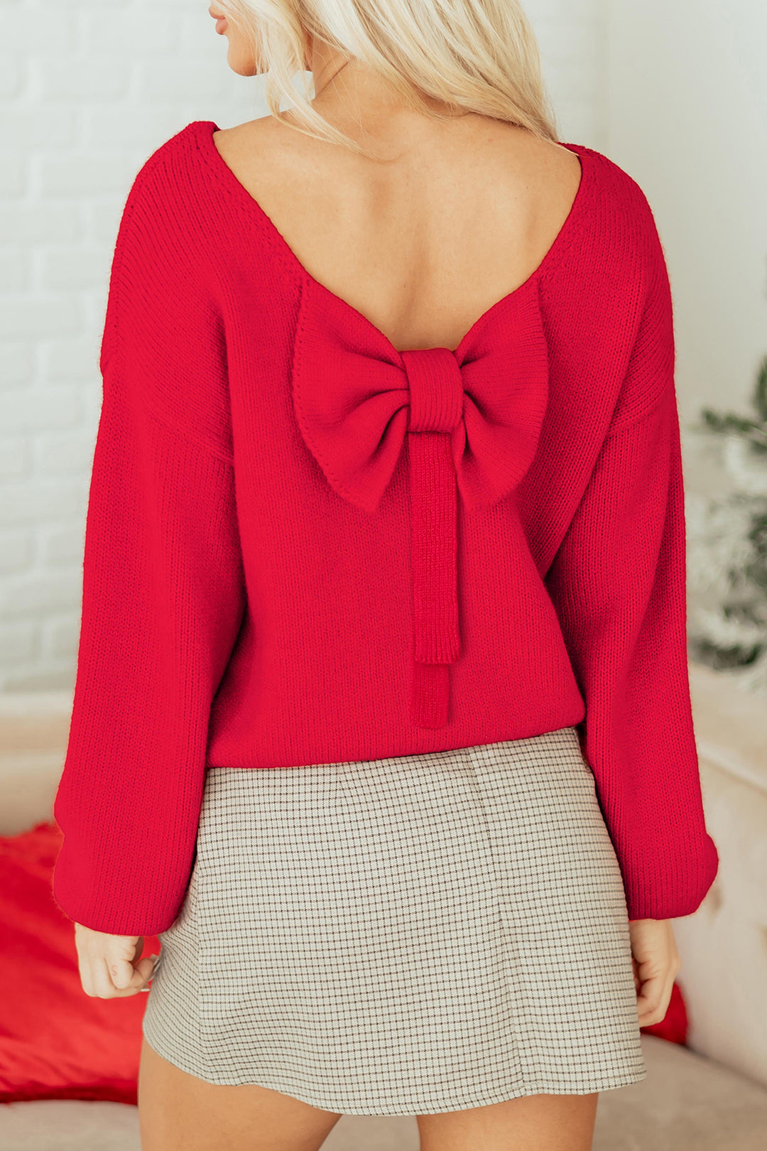 Black Festive Bow Backless Bubble Sleeve Sweater