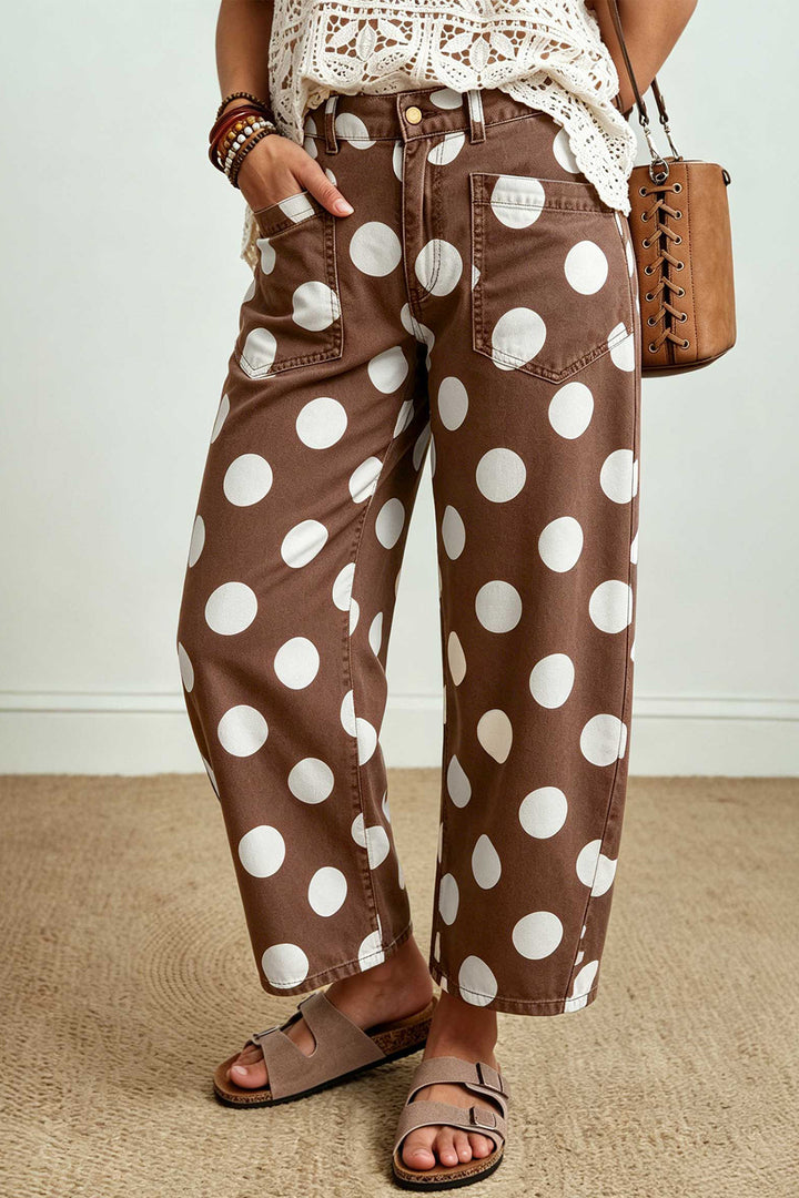 Brown Polka Dot Ankle-Length Barrel Jeans