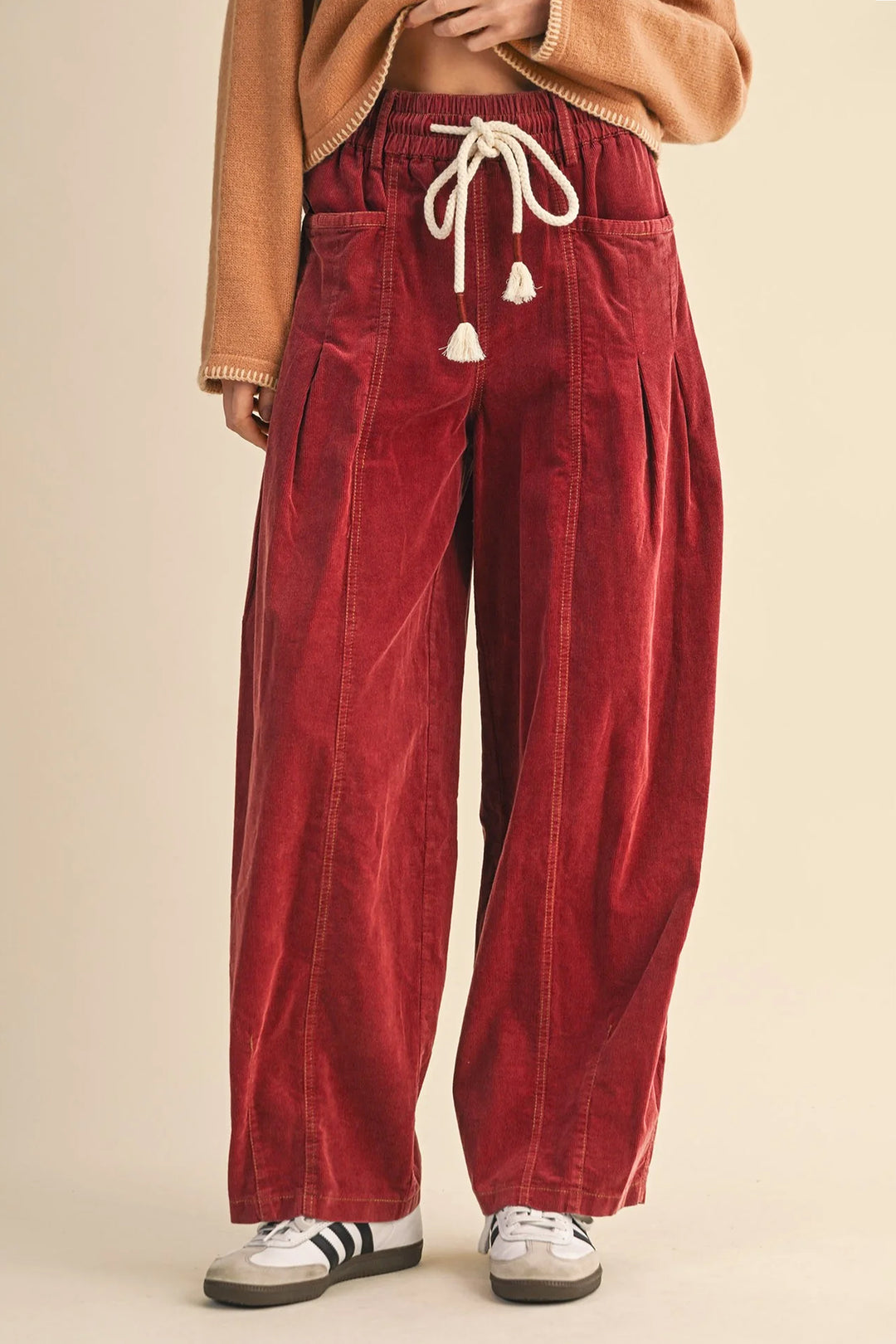 Racing Red Elastic Waist Drawstring Corduroy Casual Pants