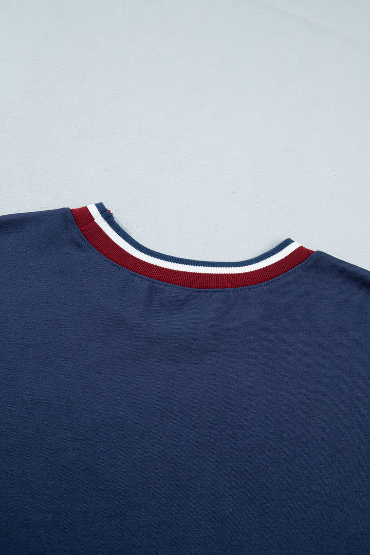 Sail Blue Patchwork Round Neck Long Sleeve Sweatshirt