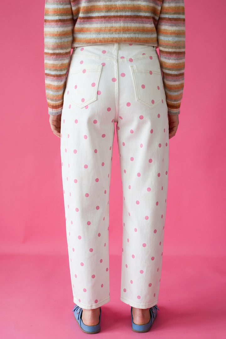 Pink Polka Dot Print Seam Detail Barrel Jeans
