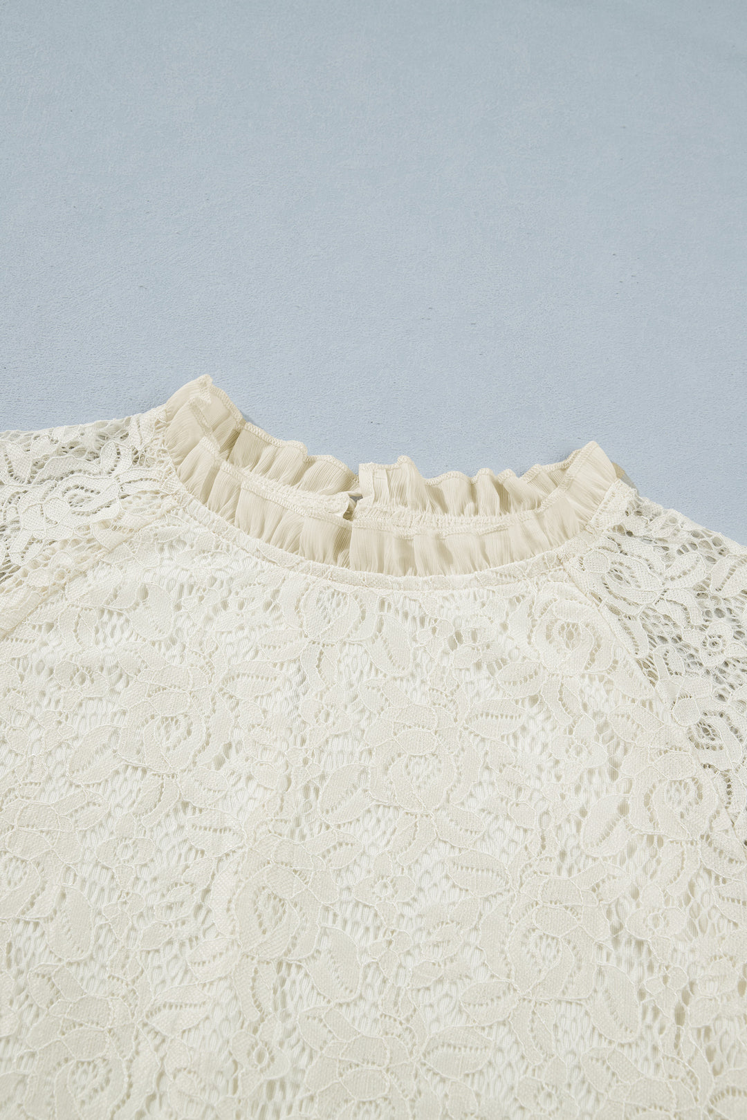 White Sheer Lace Long Sleeve Ruffle Trim Loose Blouse