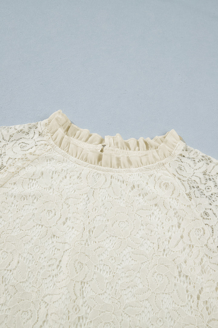 White Sheer Lace Long Sleeve Ruffle Trim Loose Blouse