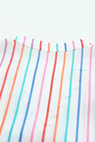 Multicolor Striped Pintuck Tiered Cap Sleeve Blouse