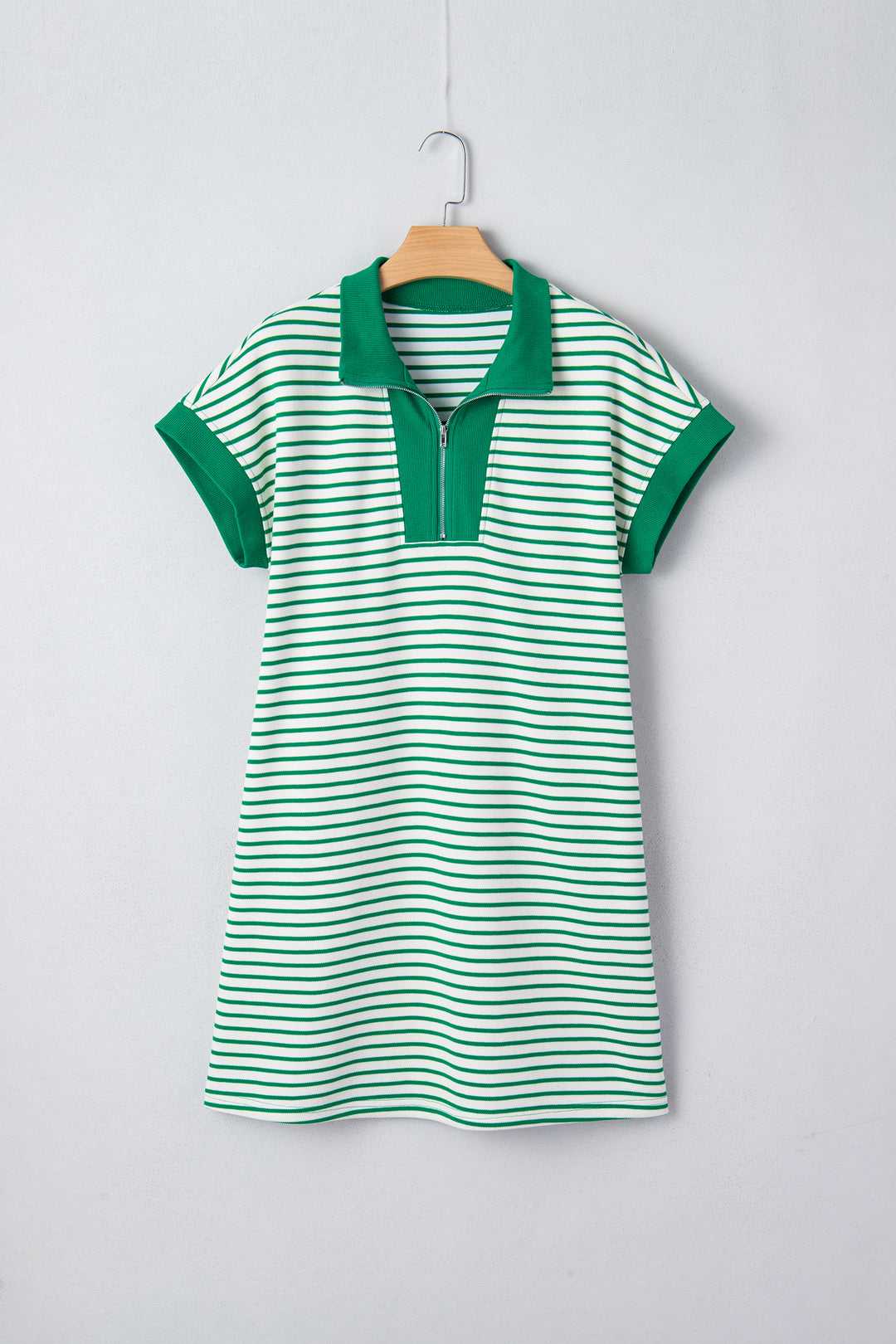 Green Stripe Quarter Zip Polo Collar T Shirt Dress with Pockets