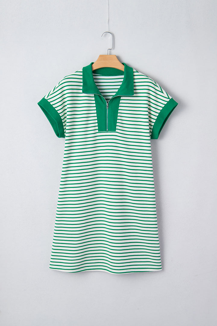 Green Stripe Quarter Zip Polo Collar T Shirt Dress with Pockets