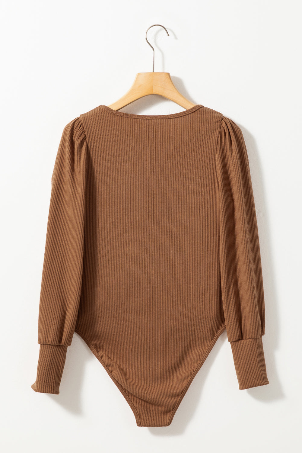 Brown Ribbed Balloon Sleeve Bodysuit