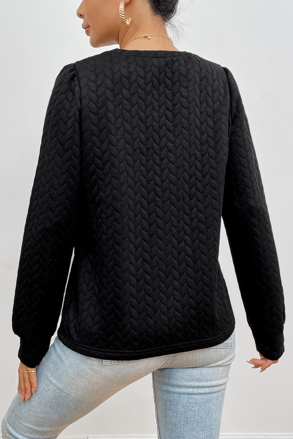 Black Cable Textured Puff Sleeve Sweatshirt