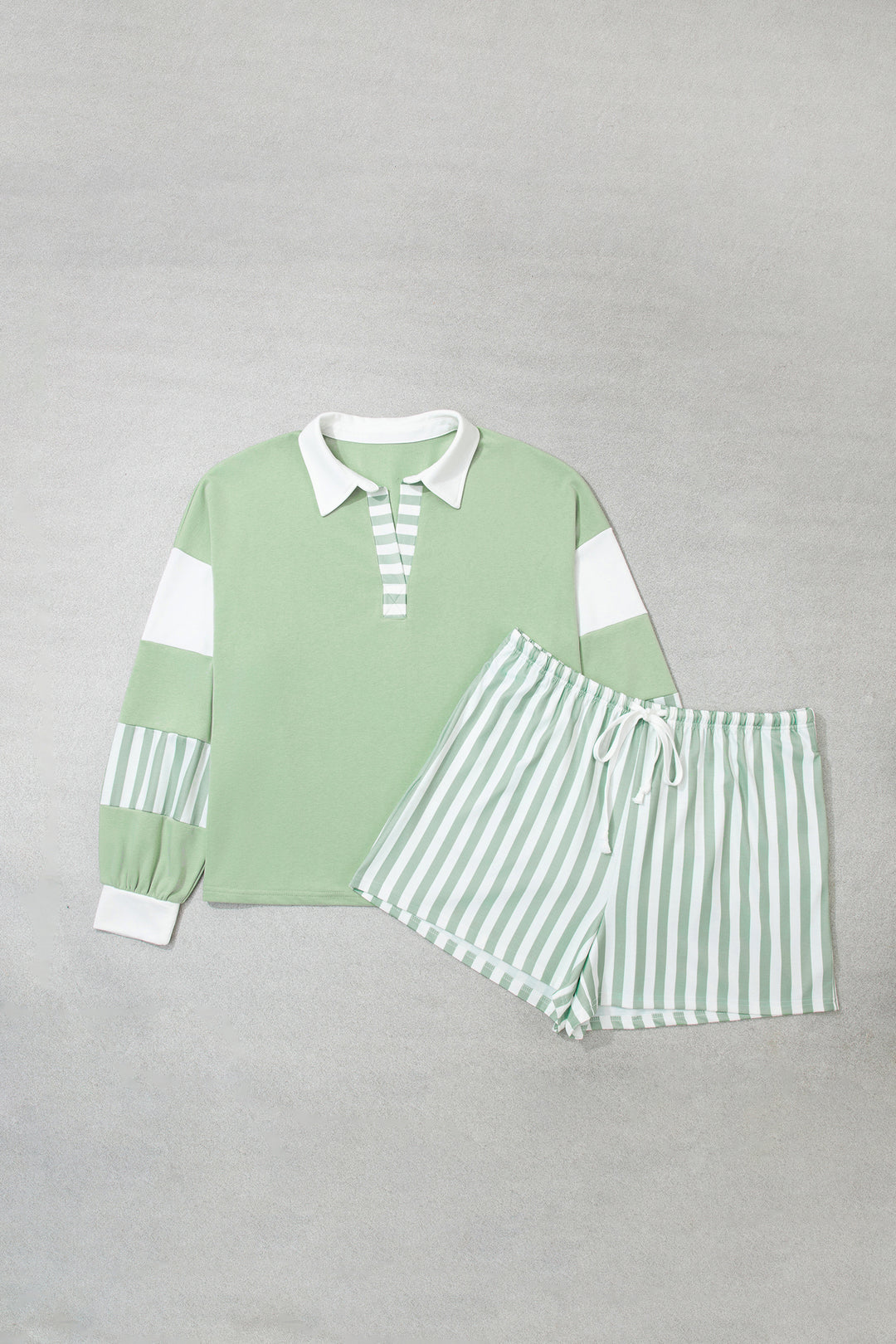 Smoke Green Striped Patchwork V Neck Two Piece Shorts Plus Size Set