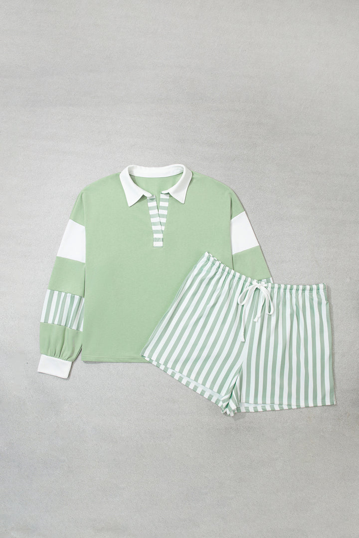 Smoke Green Striped Patchwork V Neck Two Piece Shorts Plus Size Set