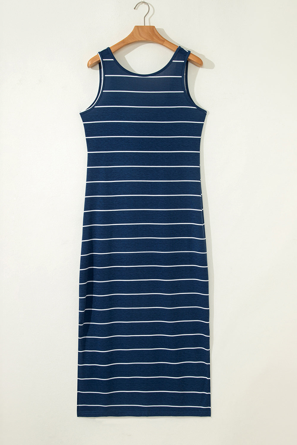 Blue Gray Stripe Print Open Back Sleeveless Maxi Dress with Slits
