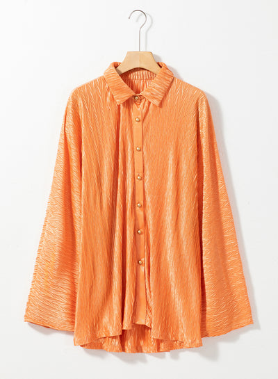 Grapefruit Orange Solid Color Crinkled Wide Sleeve Button up Shirt