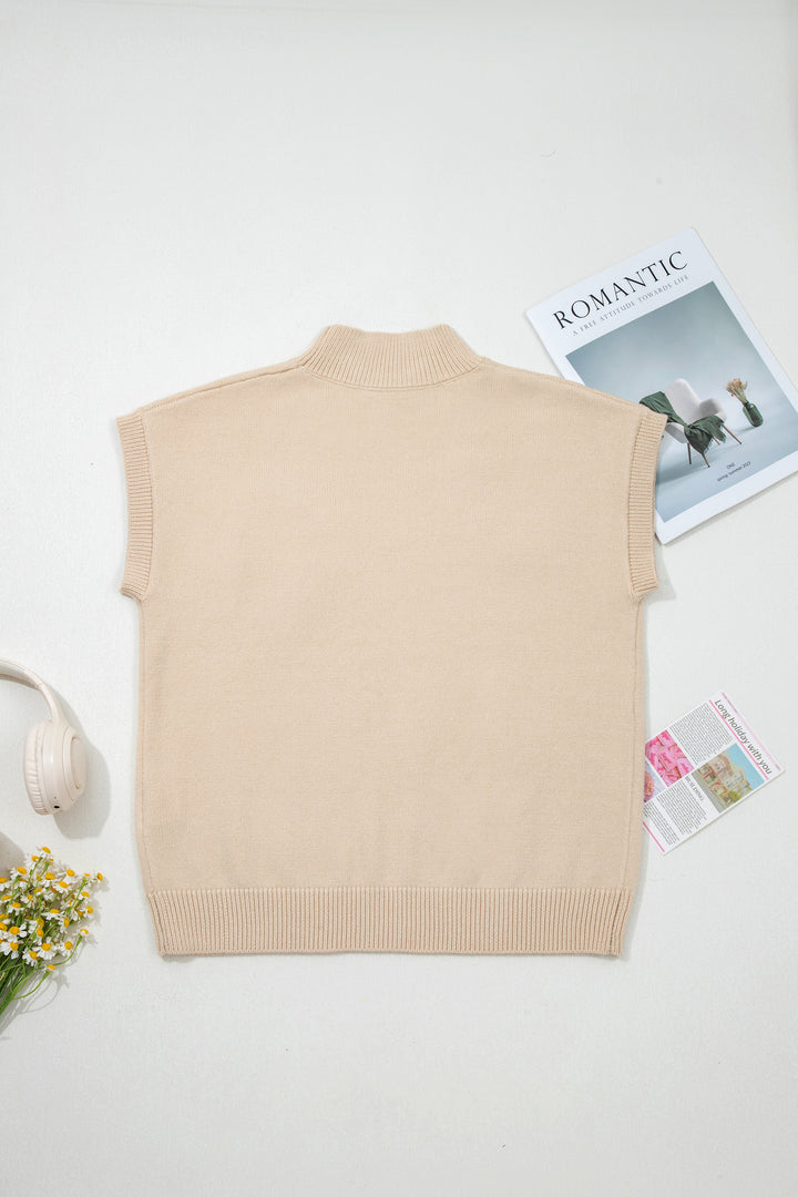 Parchment Corded Horseshoes Ribbed Trim Mock Neck Short Sleeve Sweater