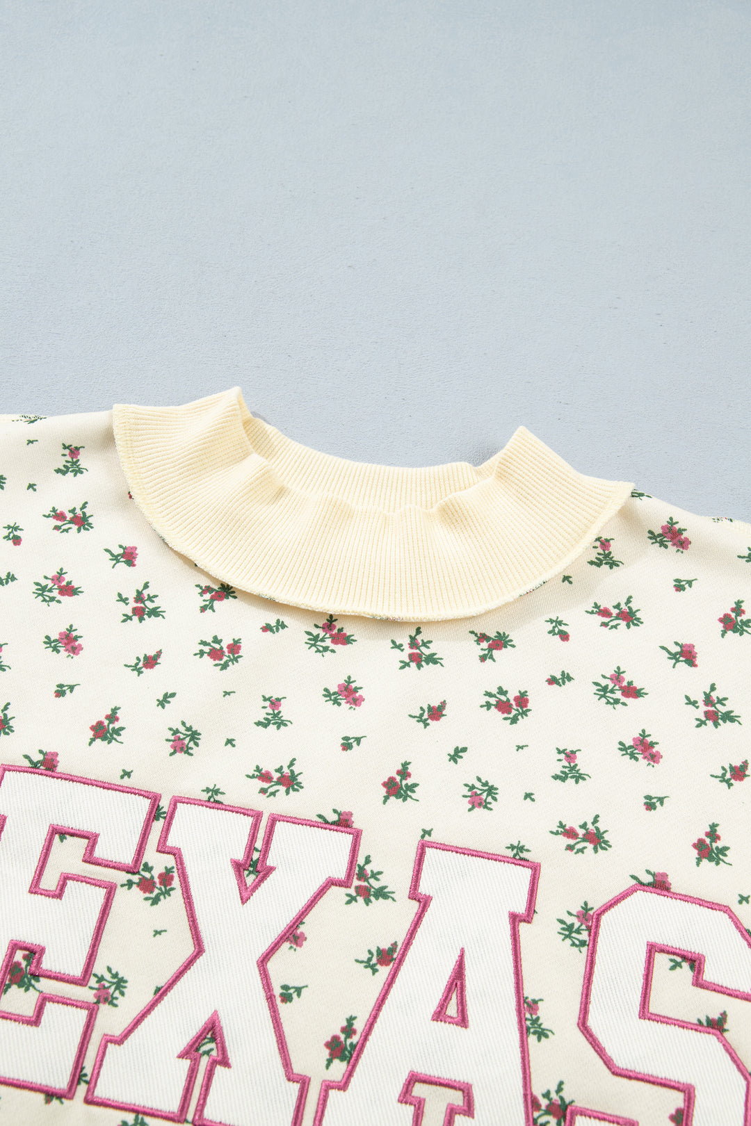 Beige Floral Print Stand Neck Long Sleeve Slogan Sweatshirt