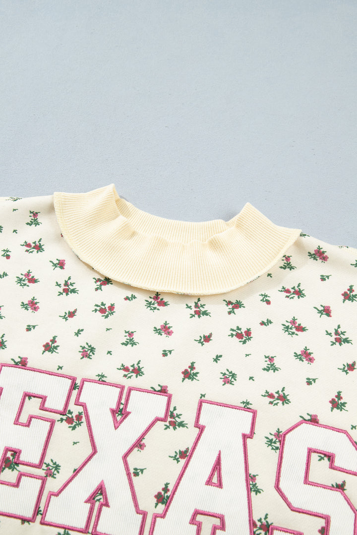 Beige Floral Print Stand Neck Long Sleeve Slogan Sweatshirt