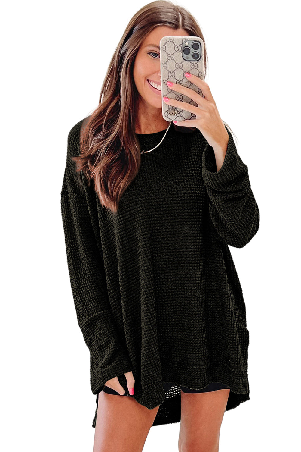 Black Waffle Knit High Slits Oversized Top