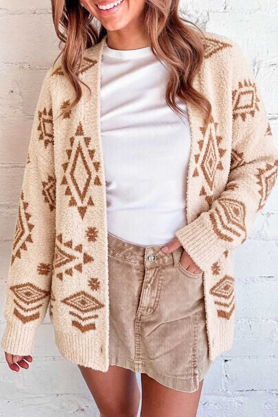 Oatmeal Fuzzy Aztec Print Open Knit Sweater Tunic Cardigan