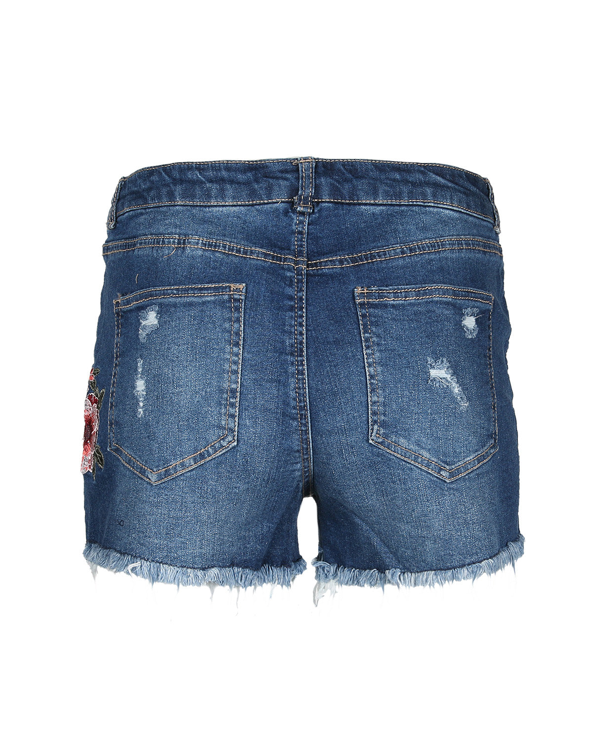 Mid Rise Distressed Floral Denim Shorts