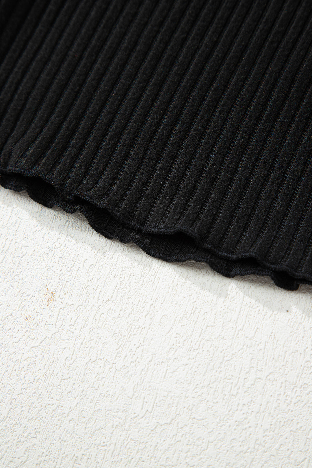 Black Lace Neckline Button Decor Lettuce Edge Long Sleeve Ribbed Top