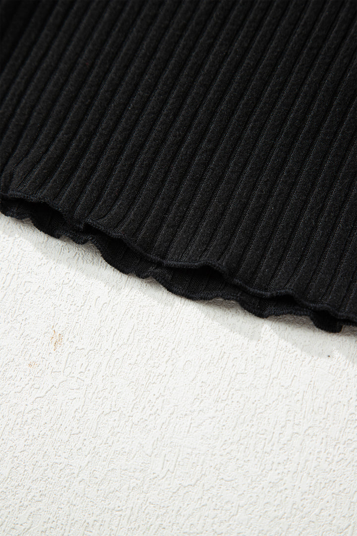 Black Lace Neckline Button Decor Lettuce Edge Long Sleeve Ribbed Top