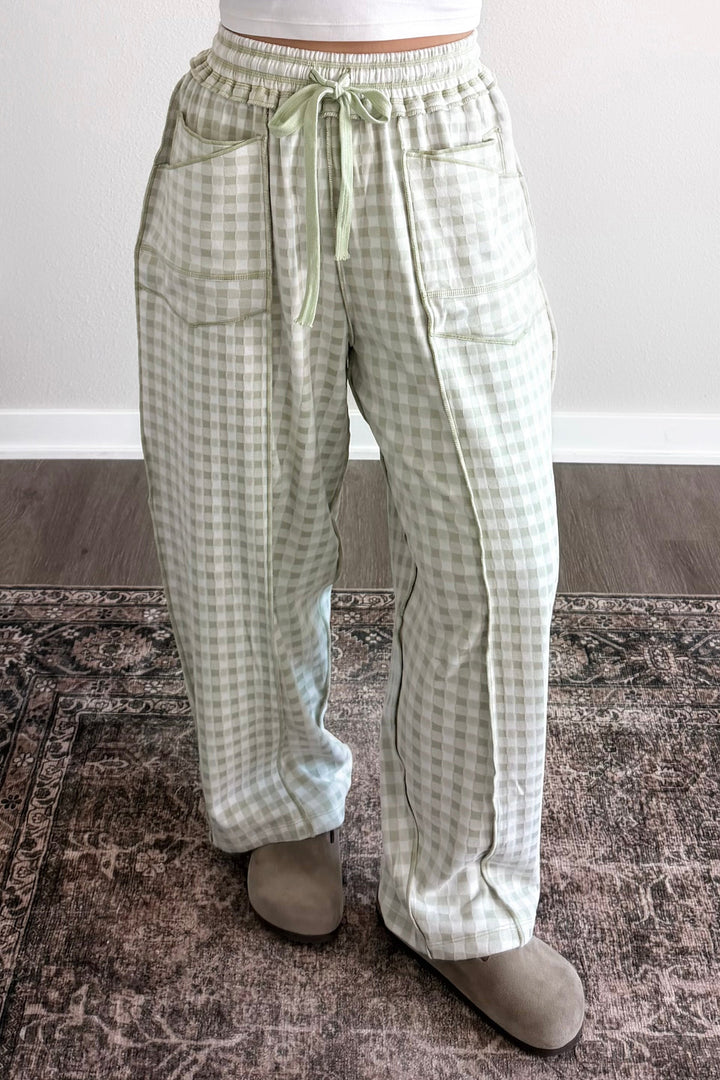 Green Plaid Contrast Trim Drawstring Elastic Waist Shift Pants