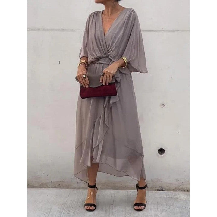 Batwing Sleeve V-Neck Midi Dress – Tied Irregular Hem Fairy Dress