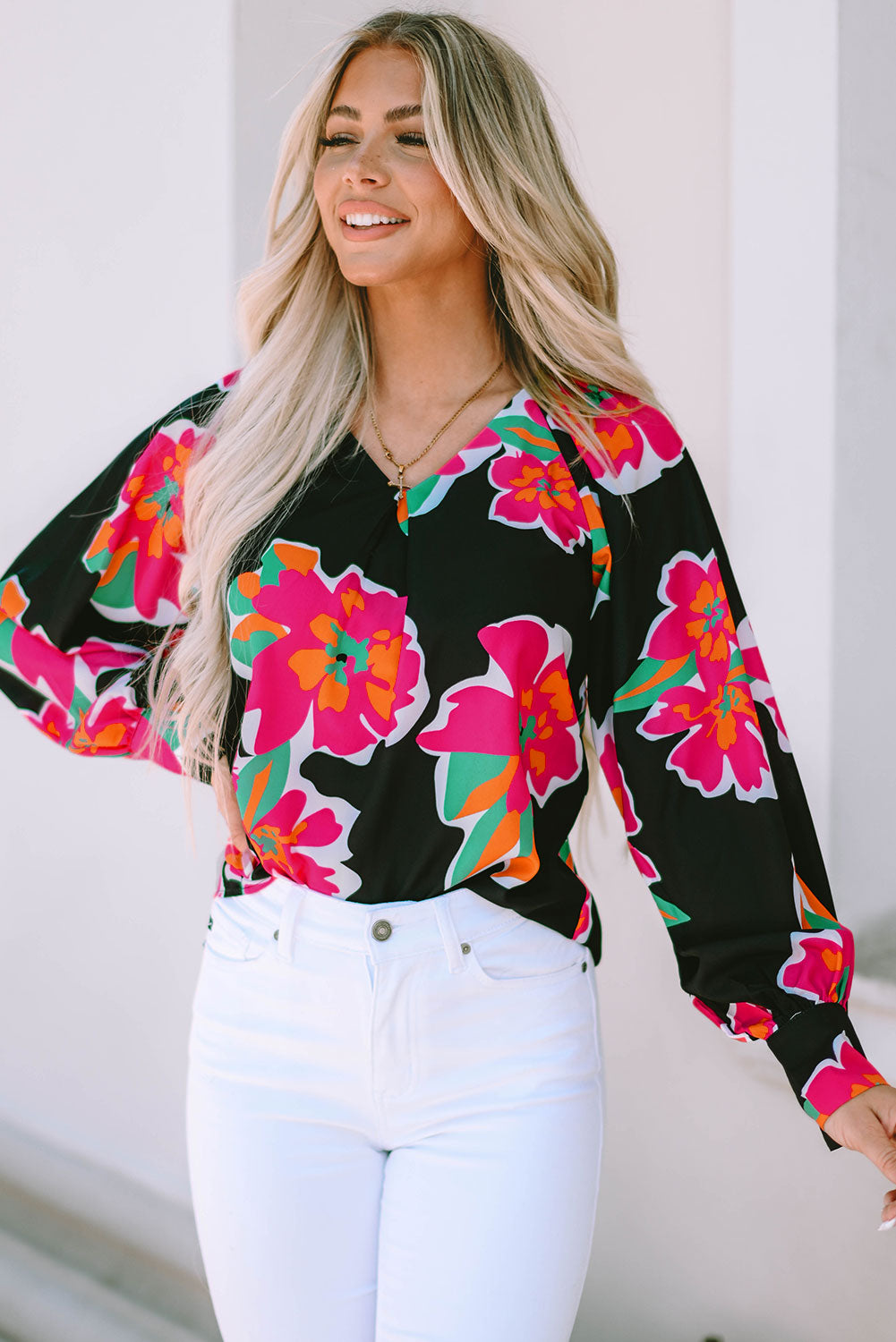 Black Flower Print Puff Sleeve Blouse