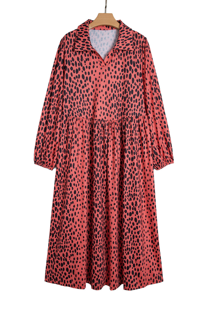 Red Leopard Print Long Sleeve V Neck Plus Size Midi Dress