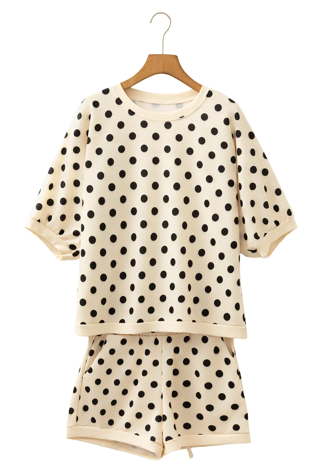 Beige Polka Dot Oversized Top Drawstring Short Set