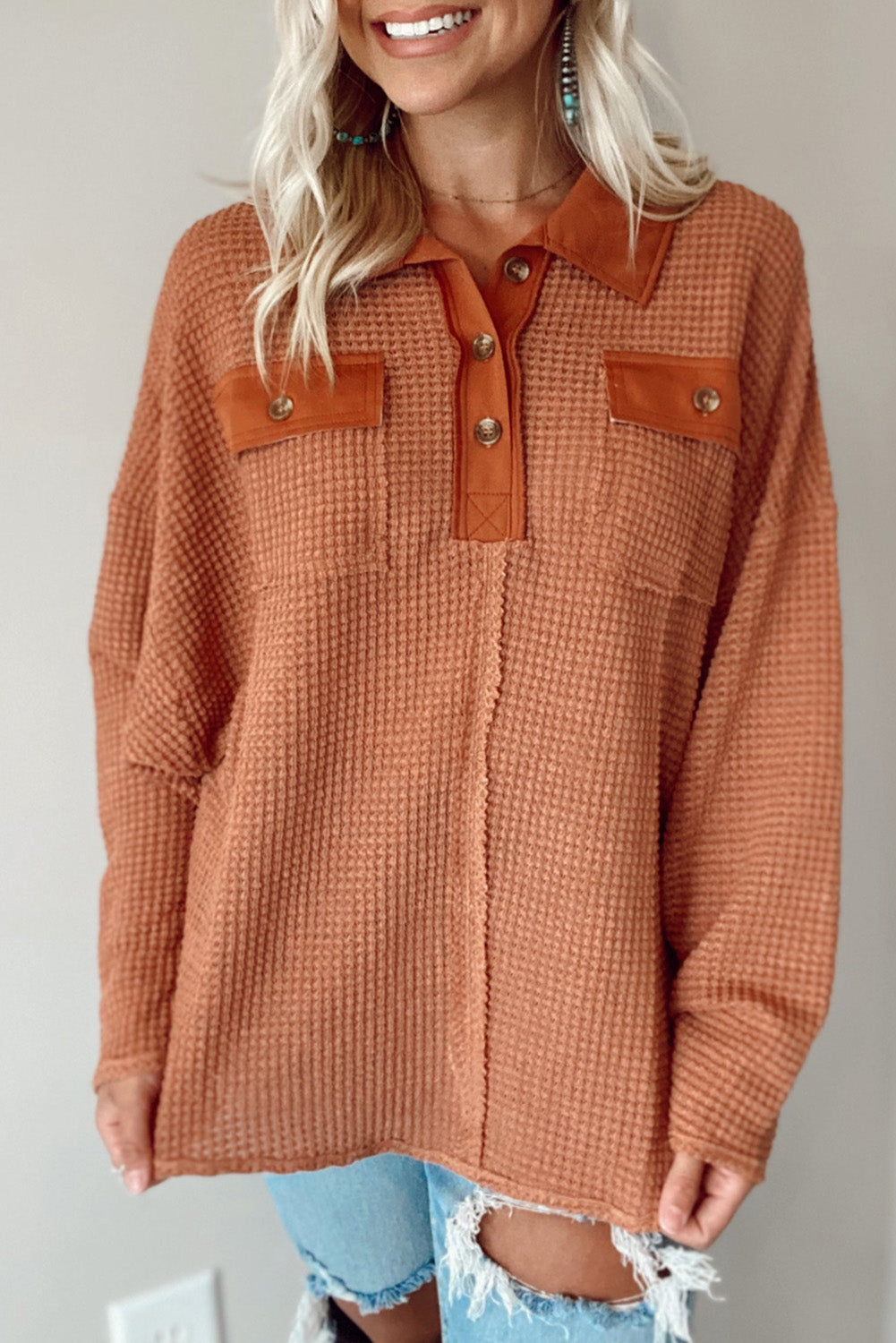 Brown Waffle Knit Button Contrast Trim Long Sleeve Top