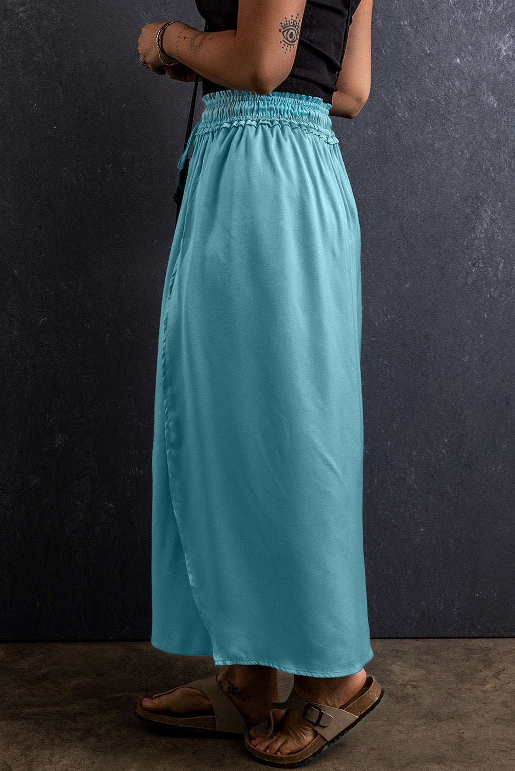 Peacock Blue Drawstring Split Side Flowy Long Skirt