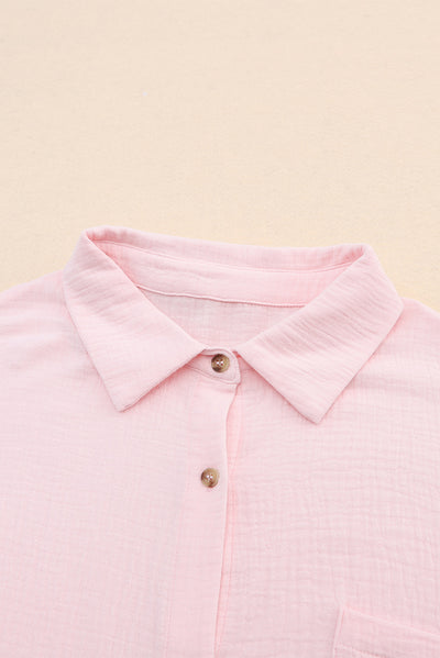 Pink Crinkle Texture Roll-tab Sleeve Shirt