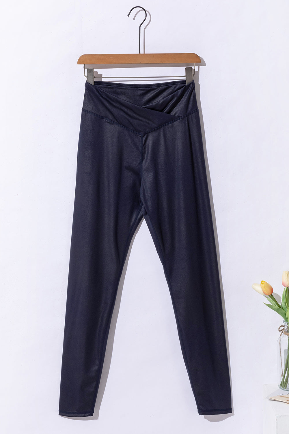 Navy Blue Crossed Dip Waist Sleek Leather Leggings