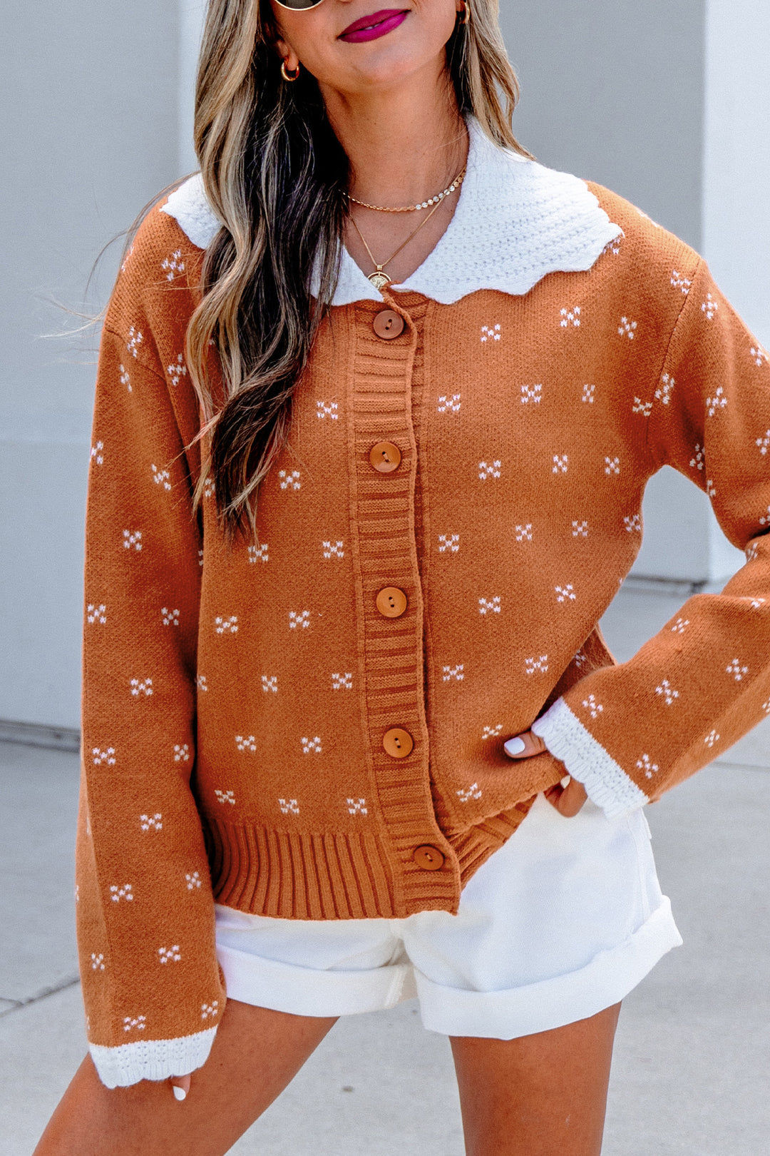 Russet Orange Peter Pan Collar Colorblock Long Sleeve Knitwear Cardigan