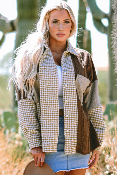 Khaki houndstooth shacket with textured patchwork