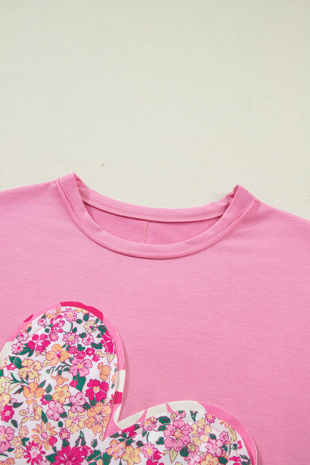 Bright Pink Floral Patched Raw Seam Big Flower Oversize Tee