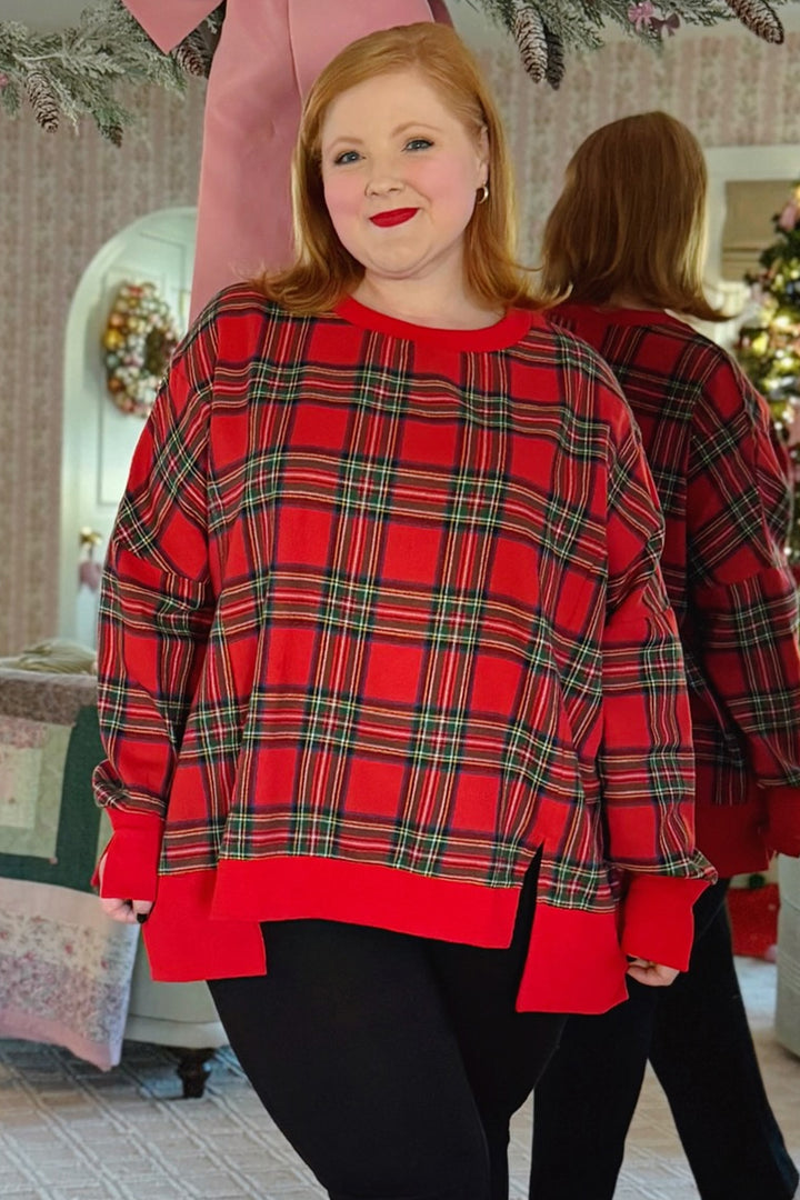 Red Plus Size Festive Plaid Long Sleeve Split Tunic Sweatshirt