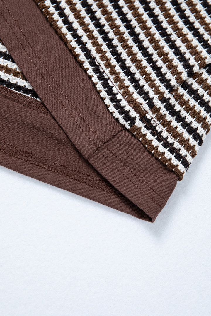 Brown Faux Two Piece Textured Striped Round Neck Long Sleeve T Shirt