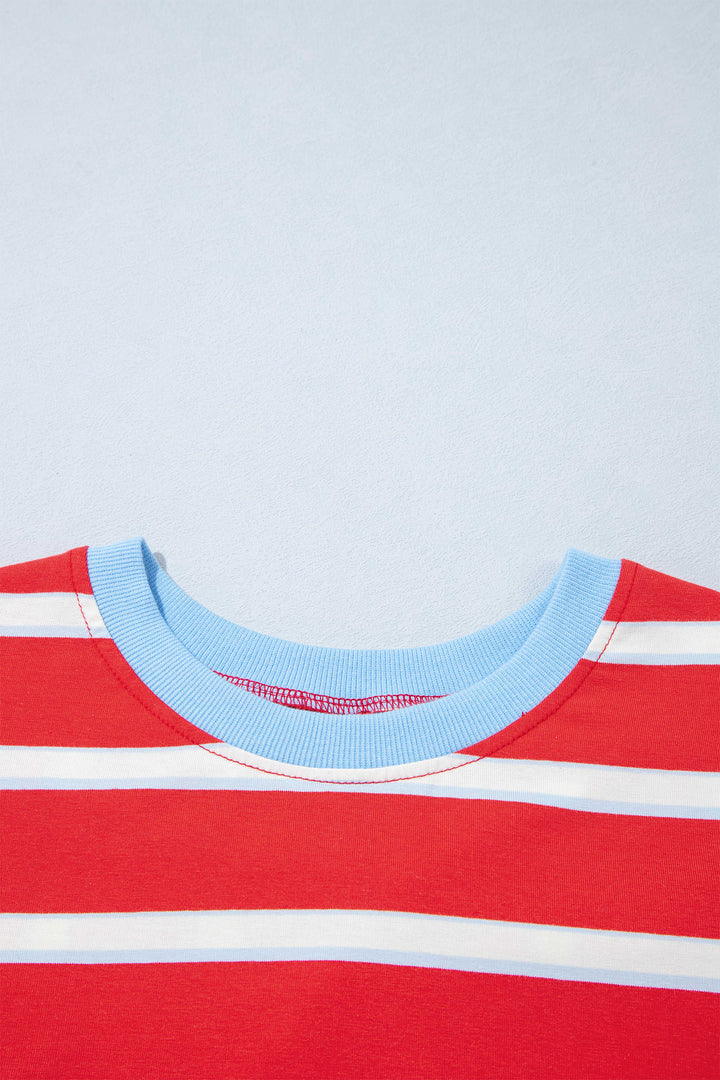 Racing Red Striped Bow Tie Hollowed Back 7/8 Sleeve Casual T-Shirt