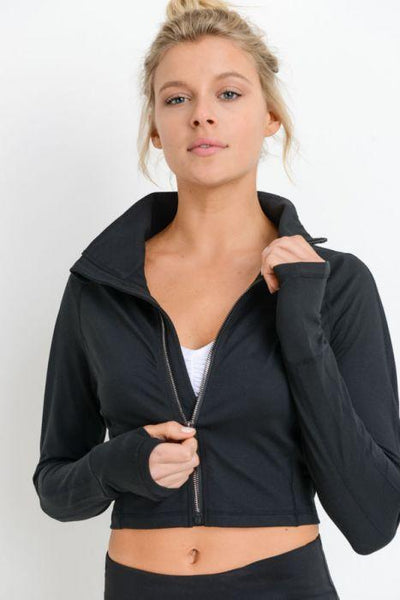 Zip-Up Crop Active Jacket with Thumbholes