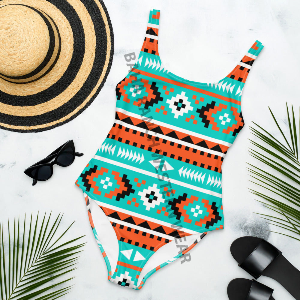 Yeehaw Turquoise Orange Aztec One-Piece Swimsuit