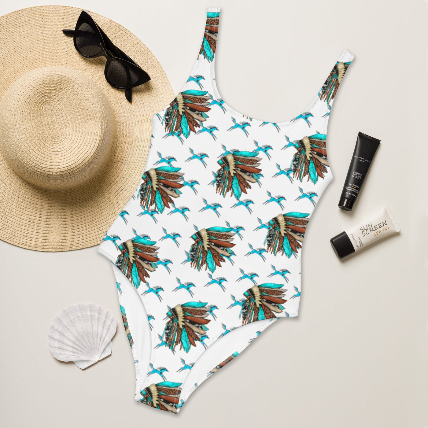 Yeehaw Turquoise Running Horse Headdress One-Piece Swimsuit