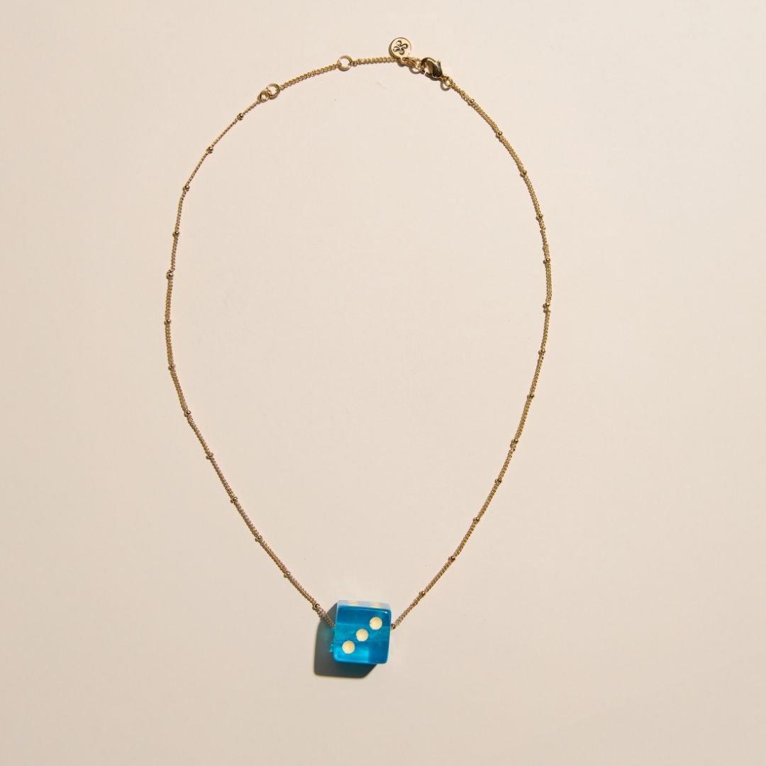 Aqua Blue Dice Charm Necklace