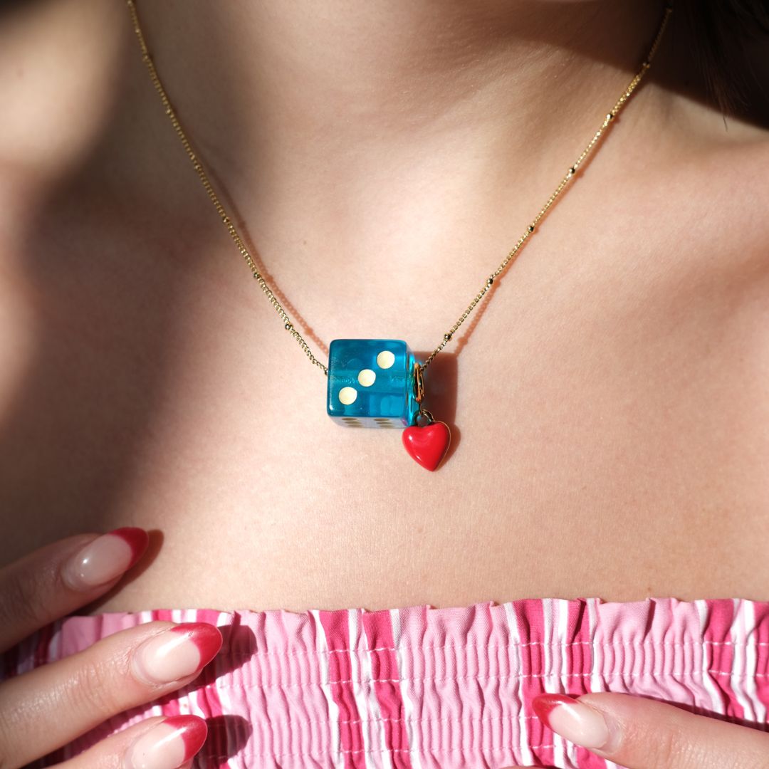 Aqua Blue Dice Charm Necklace