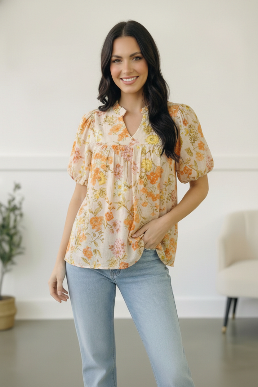 Sunlit Garden Notch Neck Blouse